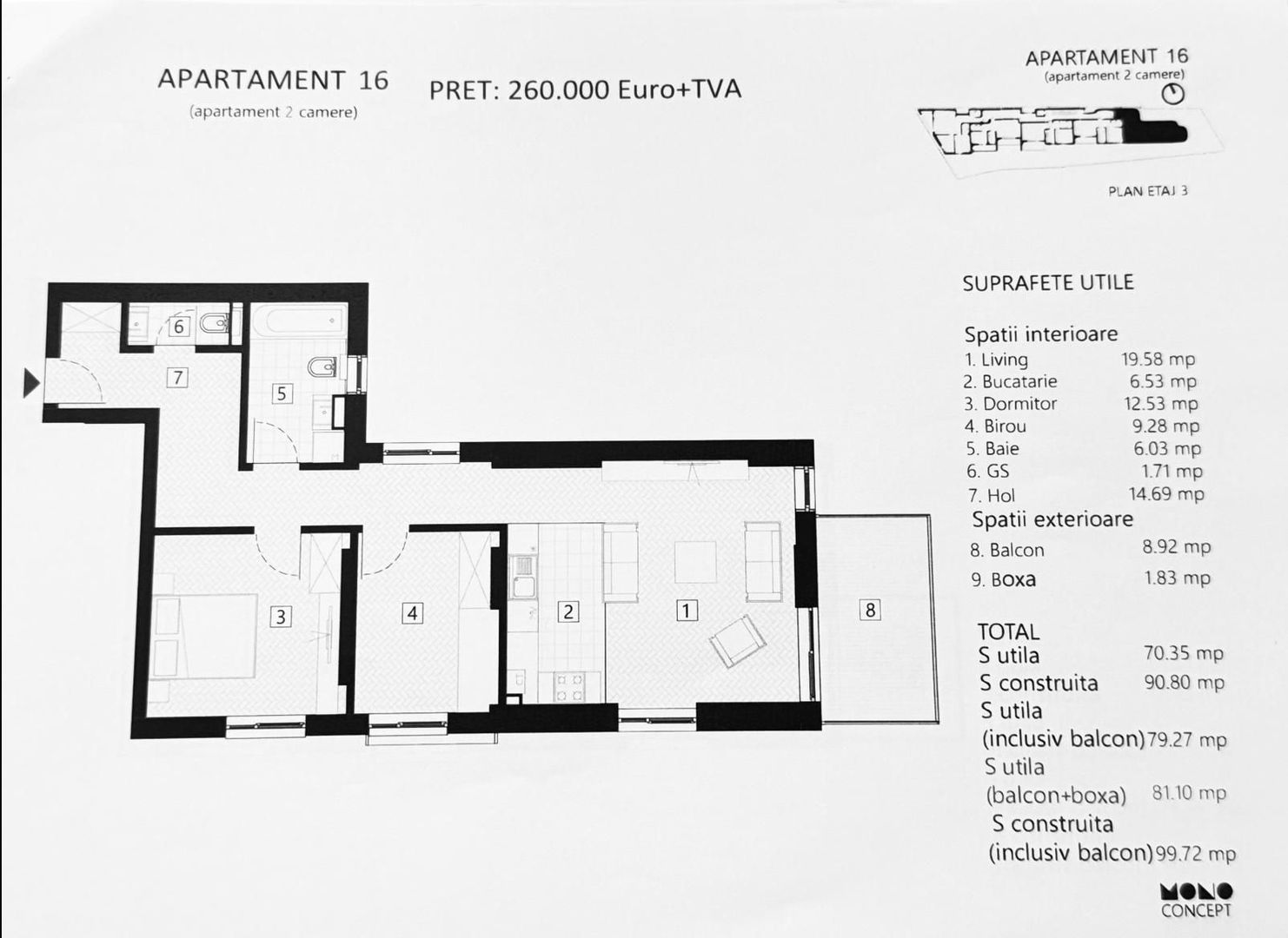 APARTAMENT 2 CAMERE + 9 MP BIROU | ZONA EMINESCU | DACIA - Schiță 12
