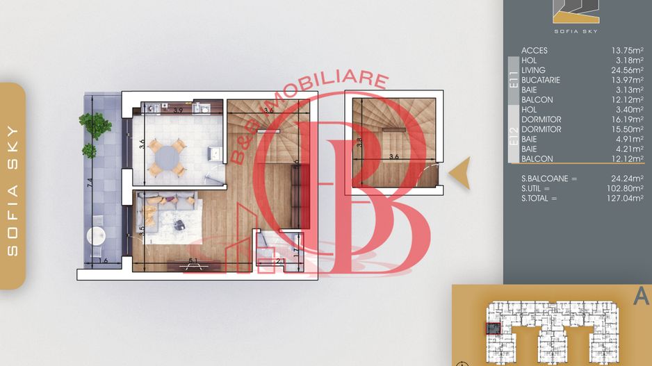 3 Camere modern-Scara interioara-Titan-Pallady-7min metrou - Schiță 3