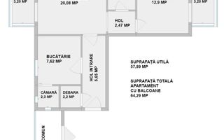 Bucovina 2 camere semidecomandat 2 balcoane CT,AC,58 mp utili - Poză 22