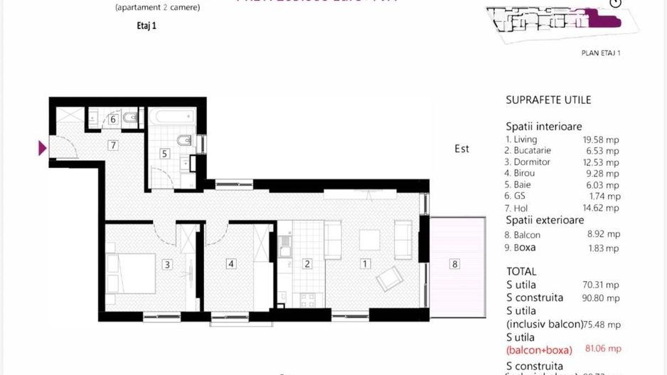APARTAMENT 2 CAMERE + 9 MP BIROU | ZONA EMINESCU | DACIA - Schiță 7