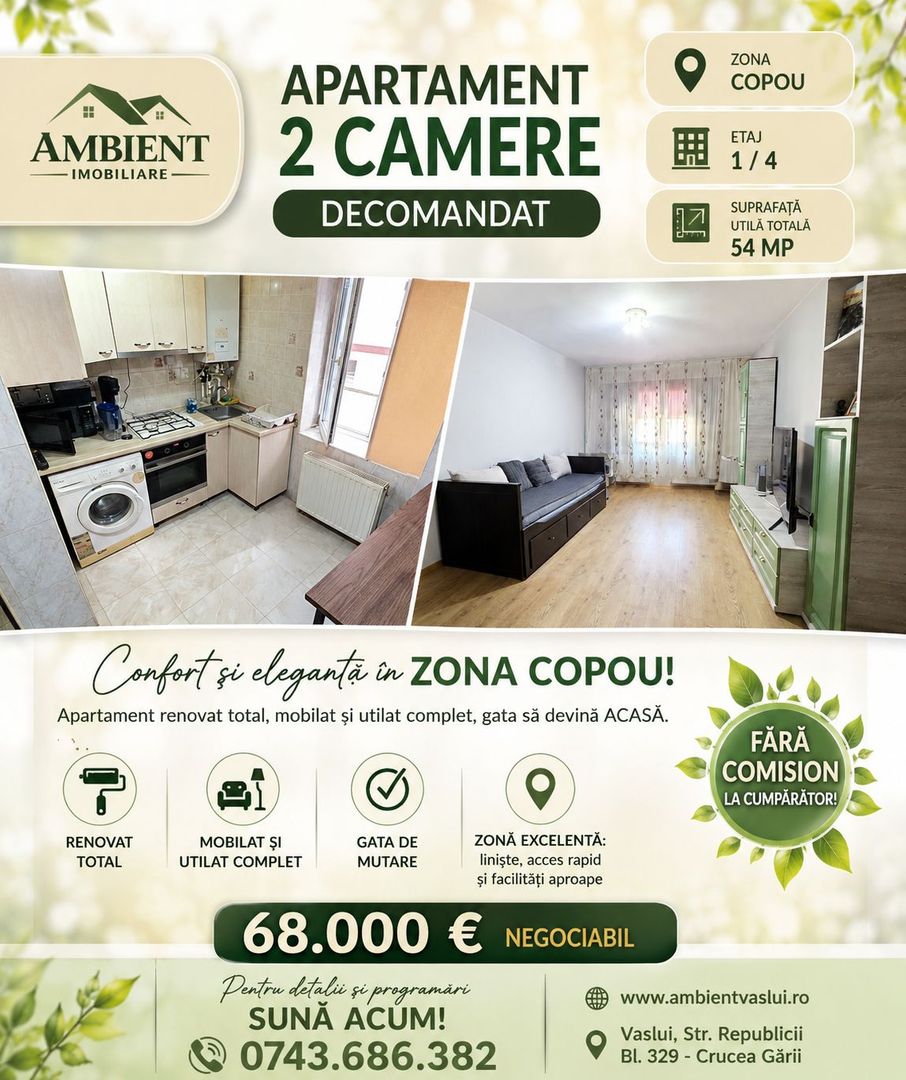 Apartament cu 2 camere, etaj 1, mobilat și utilat, VASLUI - zona COPOU; - Poză 1