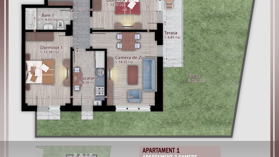 AP. 3CAM+GRADINA 60MP - BLOC PREMIUM P+3 / POZITIE SUD-EST! - Poză 1