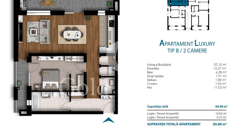 Apartament cu 2 camere, 69 mp utili, bloc nou, cartier Unirii - Schiță 12