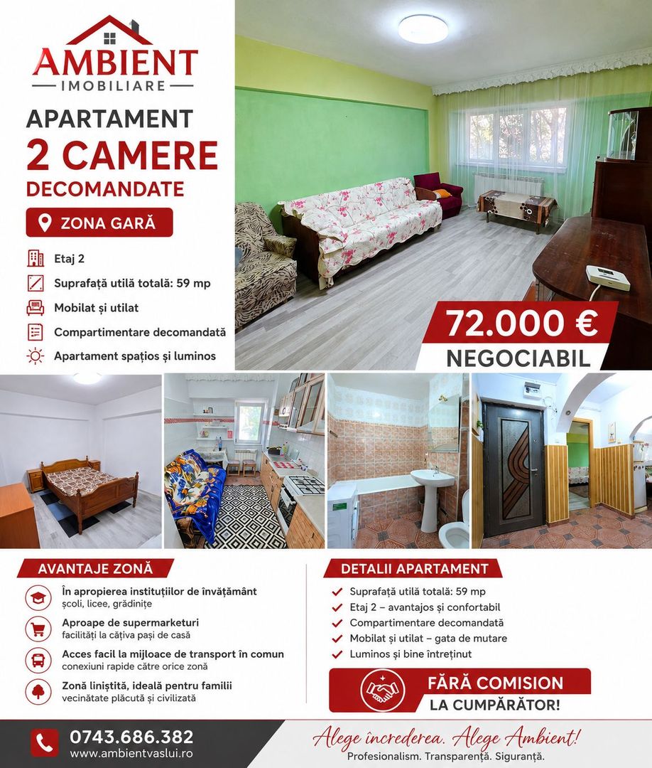 Apartament cu 2 camere, etaj 2, mobilat si utilat, zona GARA; - Poză 1