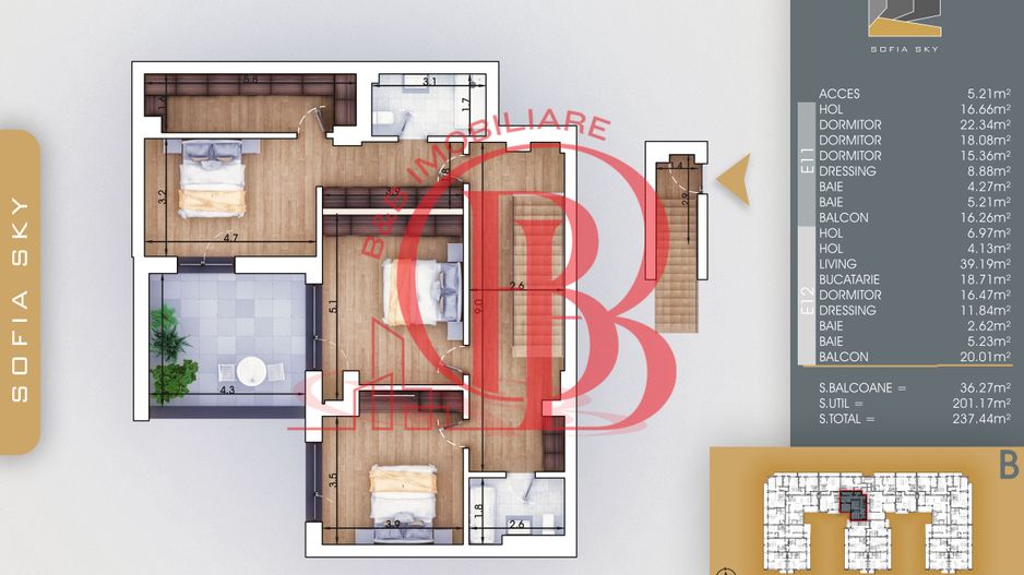Bloc Finalizat 5 camere cu scara interioara Titan Pallady - Schiță 3