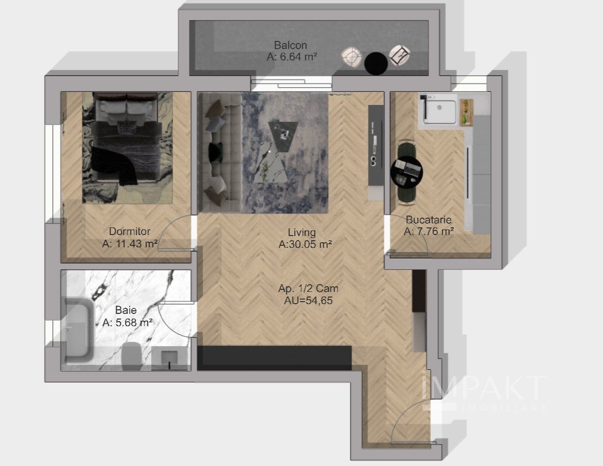 Apartament 2 Camere | Bucatarie Separata | Bloc Nou | Terra, Floresti - Schiță 3
