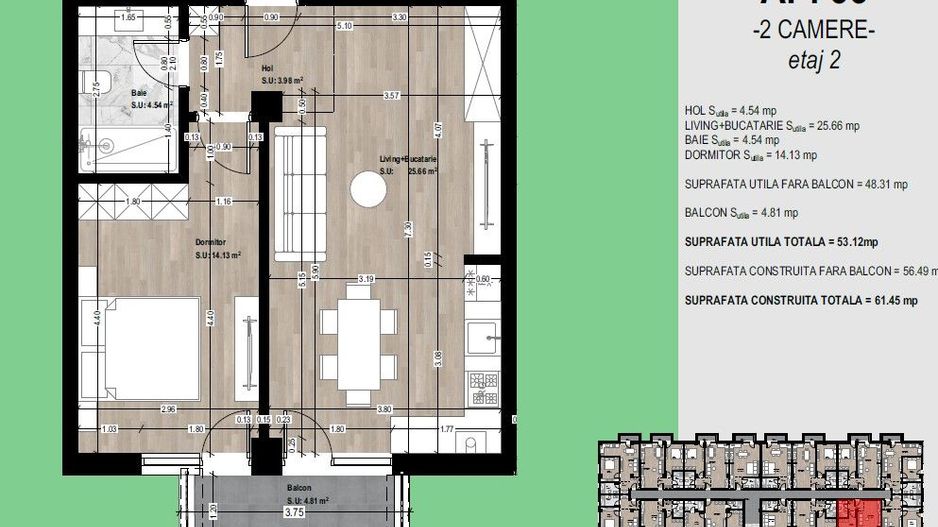 Apartament nou de vânzare Otopeni – 2 camere, balcon, parcare inclusă - Schiță 8
