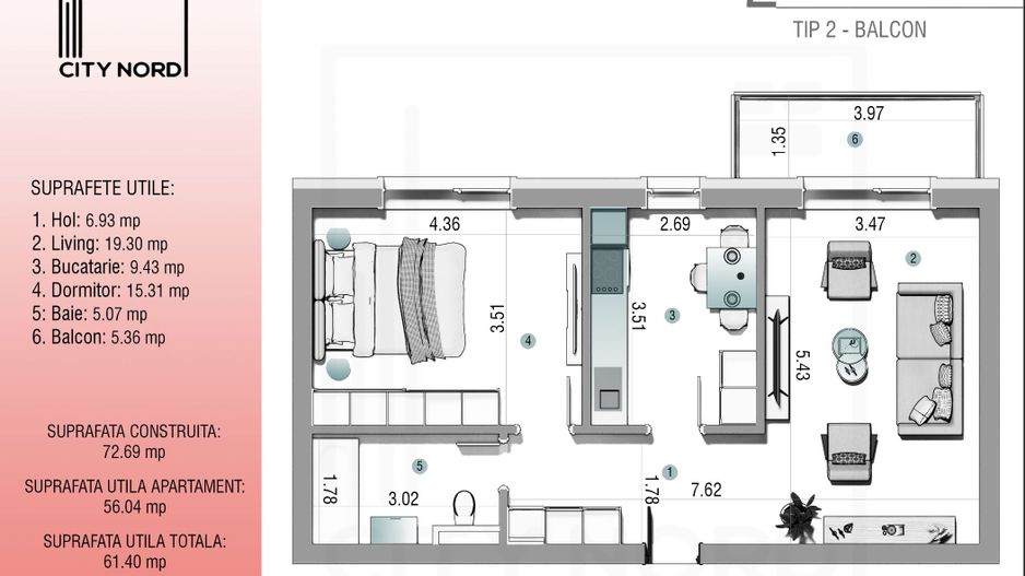 2 camere, 56 mp + balcon (Etaj 1 sau 2/3) - Poză 1