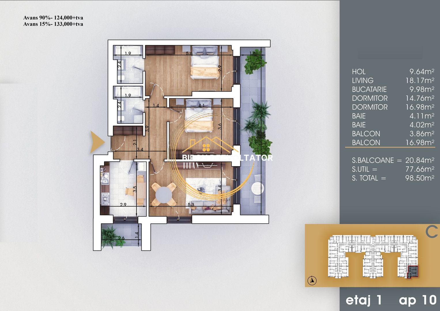 Metrou la 8 minute Decomandat Mare 2 balcoane Vedere libera Pallady - Poză 9
