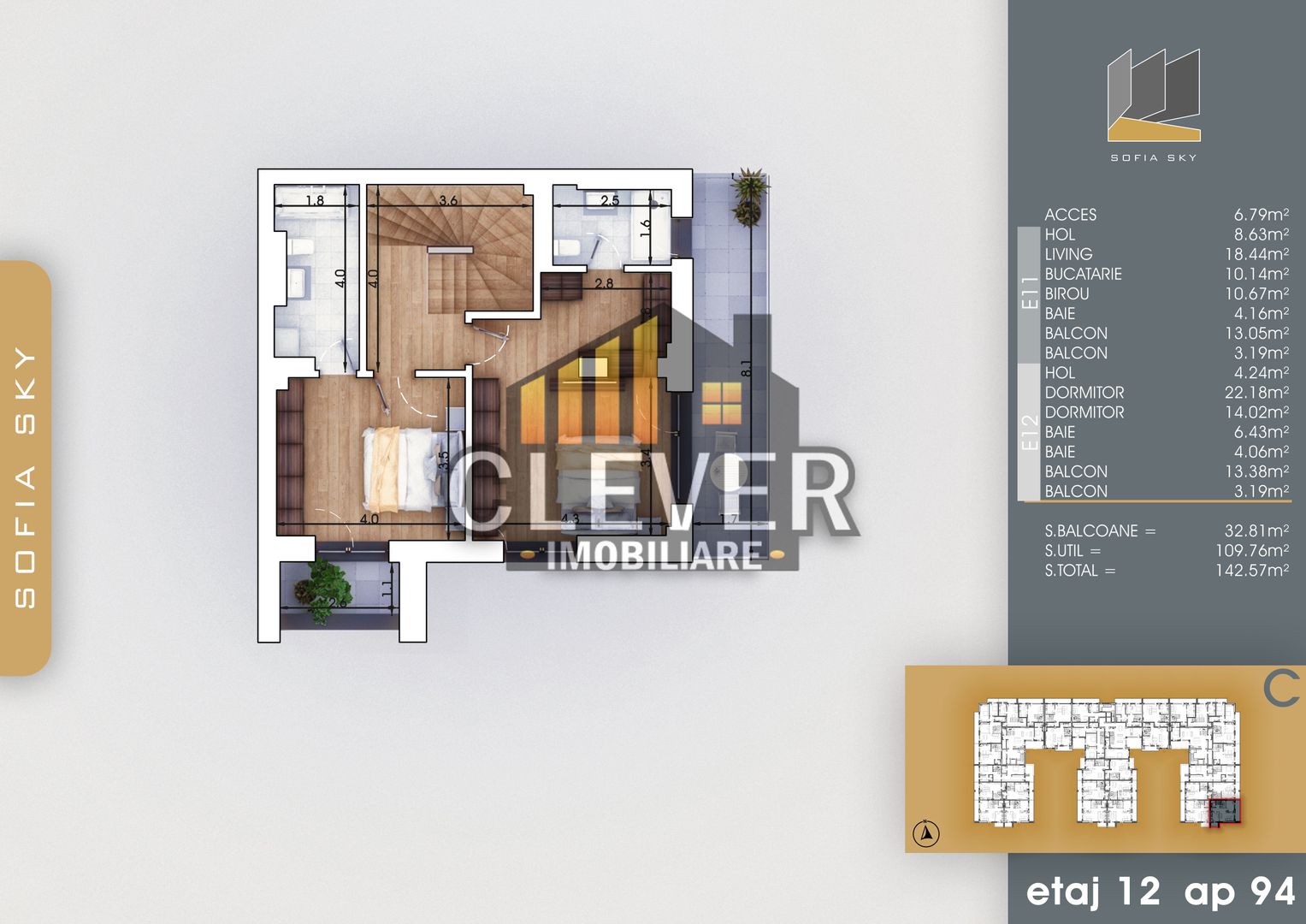 Duplex 4 camere | Terase generoase | Et. 11–12 | Pallady - Schiță 12