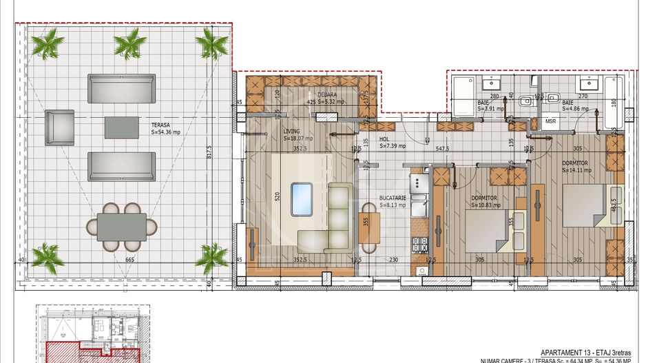 Apartament 3 camere decomandate cu Terasa Comision 0 - Schiță 14