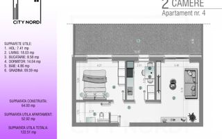Apartament 4 – 2 camere – 52.9 mp – Grădină – Parter - Poză 1