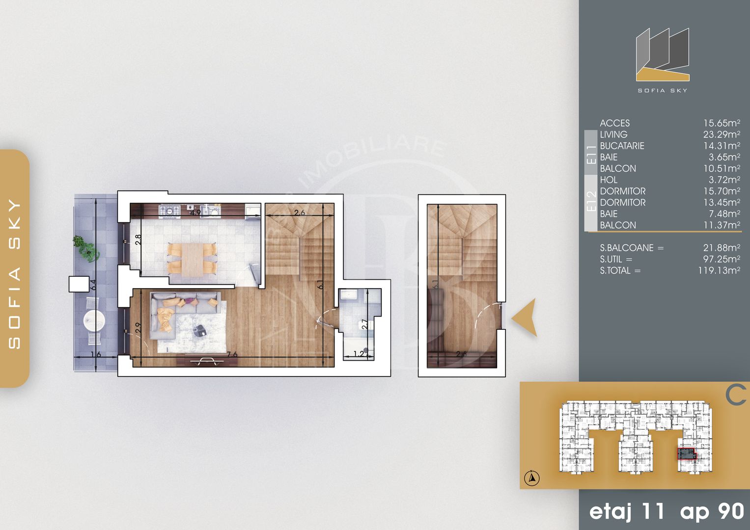 Duplex 3 camere cu 2 balcoane | Bucatarie Inchisa 14mp - Schiță 4