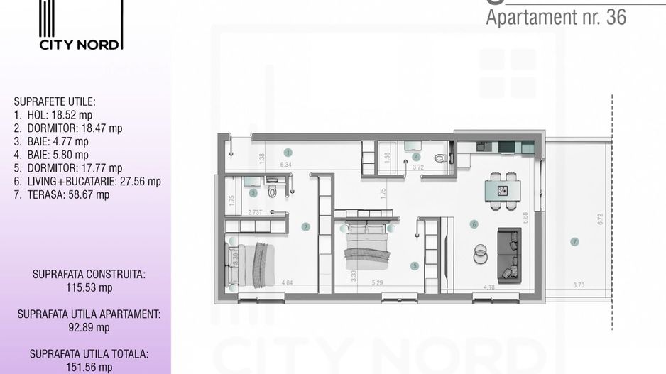 Apartament 36 – 3 camere – 92.6 mp – Terasă – Etaj 3R - Poză 1