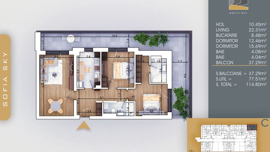 3 camere cu terasa Titan Pallady 700 metri Metrou Nic. Teclu - Schiță 1