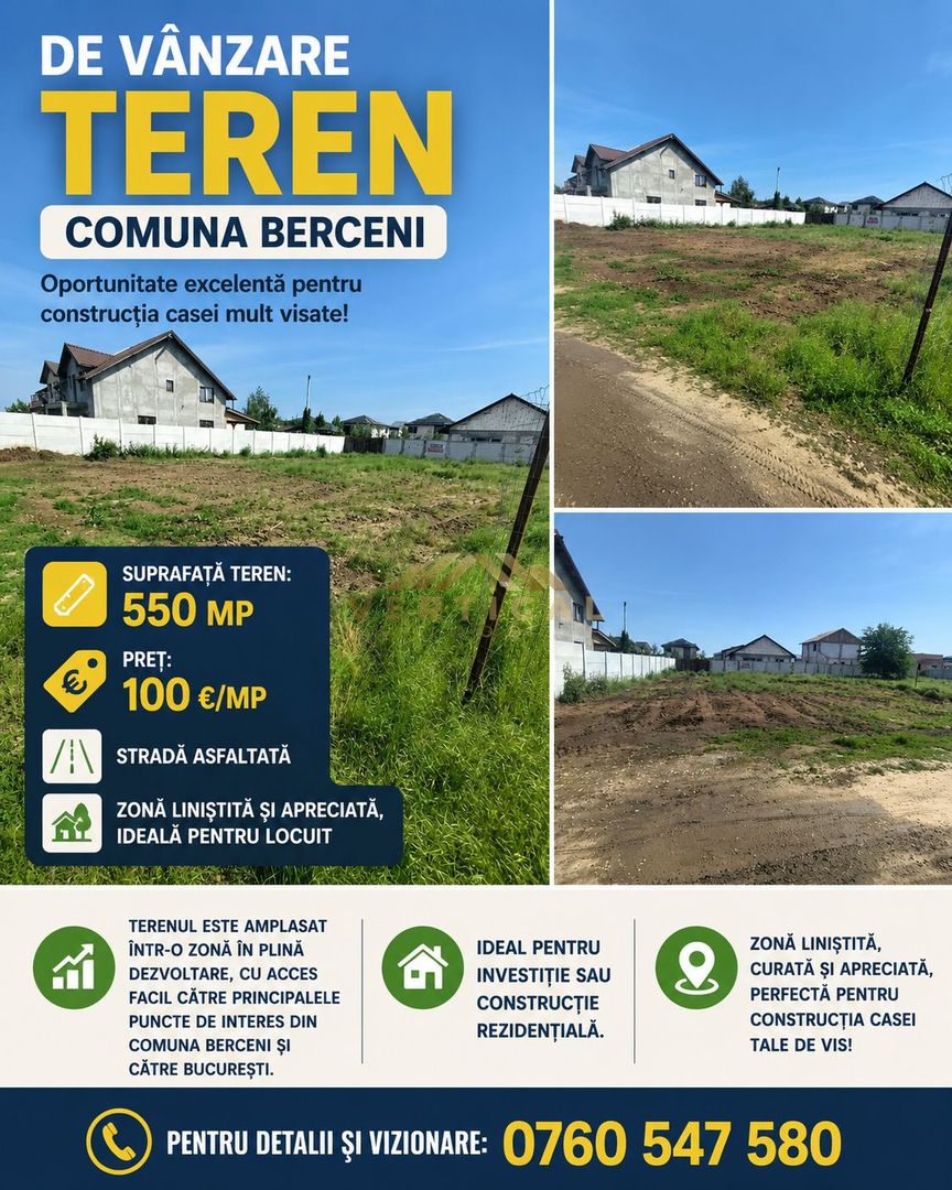 TEREN/550 mp | Comuna Berceni | Stradă Asfaltată | 100 €/mp - Poză 1