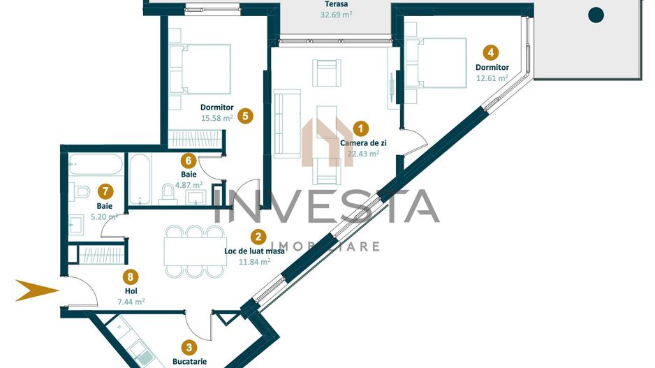 Apartament 3 camere 88 mp cu terasa 35 mp | Semifinisat | Intre Lacuri - Schiță 2