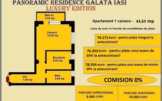 Apartament 1 camera de vanzare in Iasi, Galata, 43.63 mp, baie cu geam - Poză 2