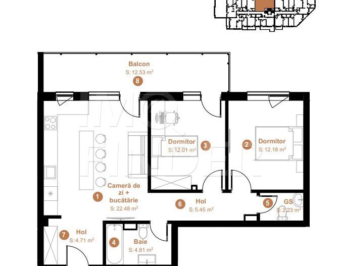 Apartament 3  camere, 64 mp, zona VIVO, semifinisat - Poză 2