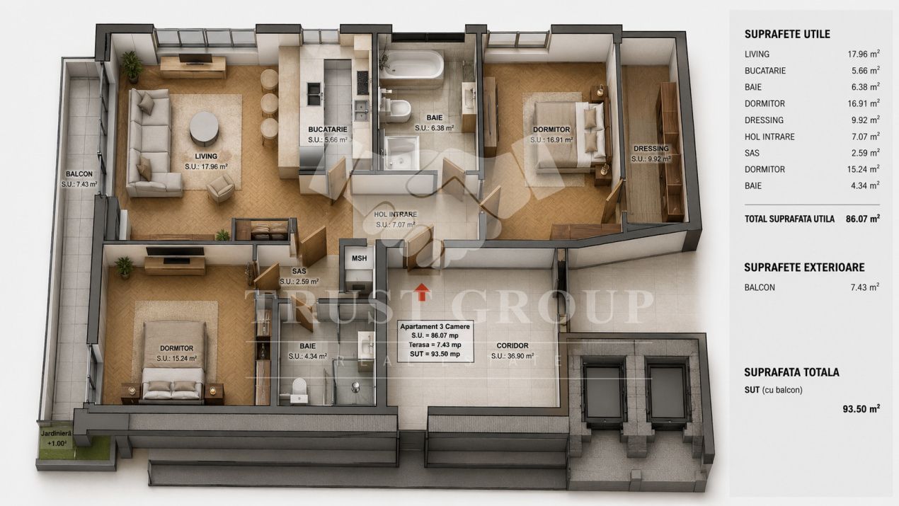 Apartament 3 camere + Dressing Unirii |Imobil 2020 |Mobilat Lux |Loc de parcare - Schiță 34
