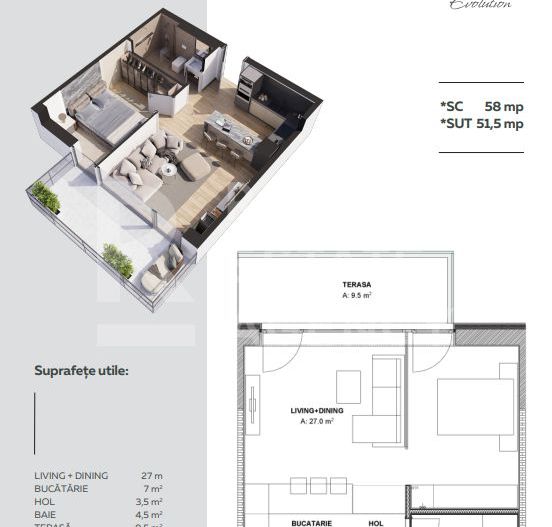 Vânzare, apartament, 1 cameră, 9Cloud, București - Schiță 2