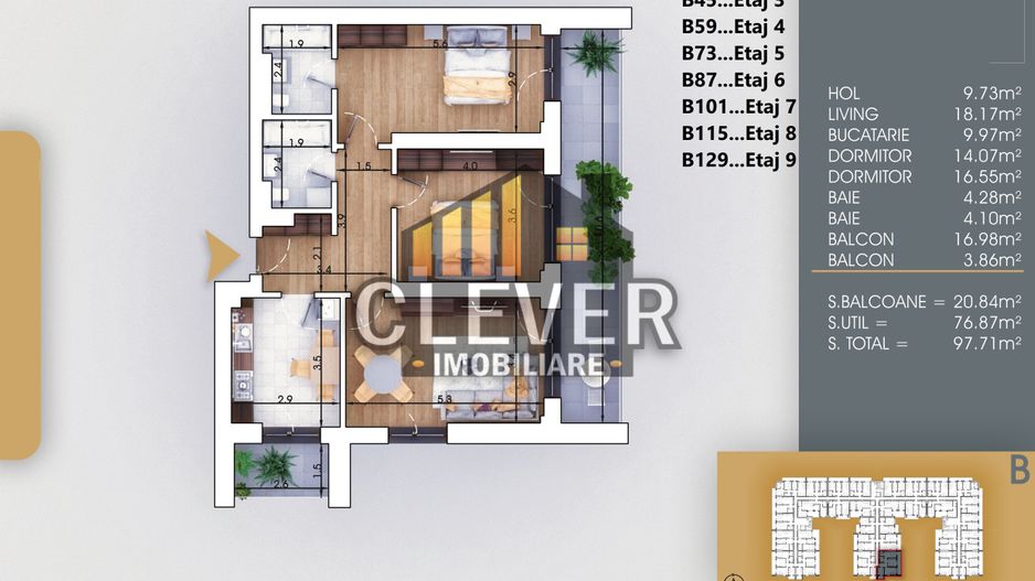 Apartament 97m², balcon principal generos, etaj 9, 2 băi, Metrou 700m - Poză 1