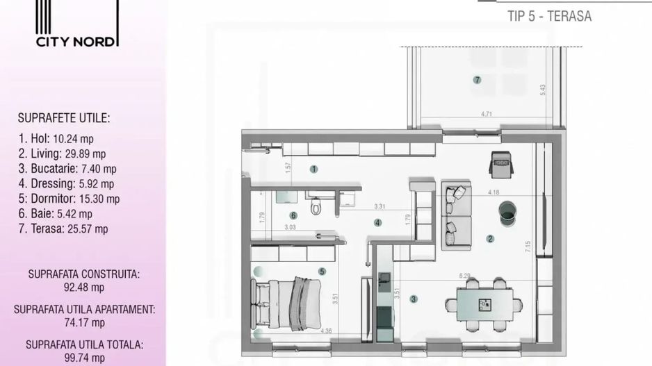 Apartament 2 camere cu terasa  - 99.74 mp - CITY NORD 1 Decembrie - Poză 1