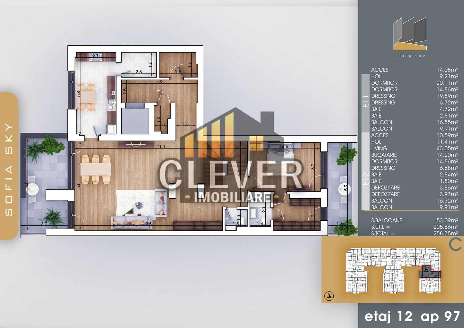 Penthouse duplex 4 cam 258 mp, lift privat, Pallady - Schiță 12