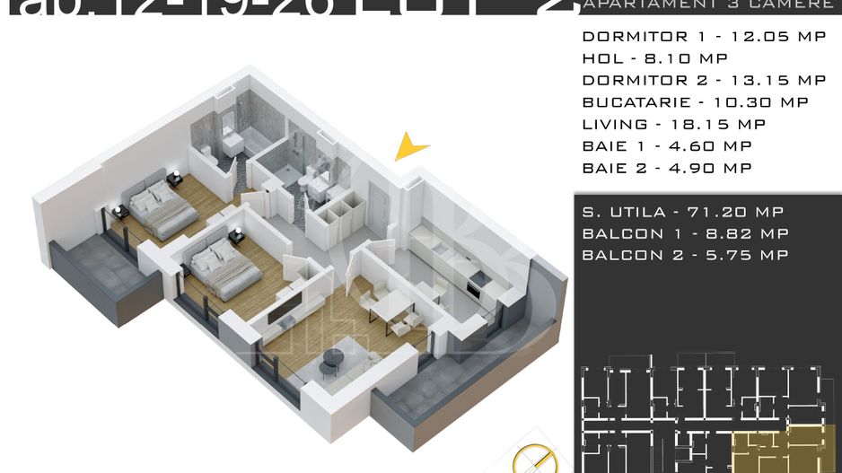 Parcare Bonus-Theodor Pallady-3 camere-Doua Bai-Decomandat - Schiță 14