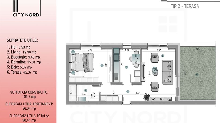 PENTHOUSE 2 camere – 56 mp utili + Terasă 42 mp (Etaj 3/3) - Poză 1