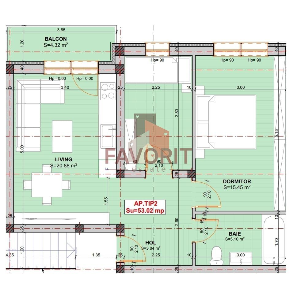 Disponibil imediat. 2 camere modificat in 2 dormitoare si zona de zi - Schiță 15