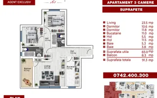 Apartament 3 Camere, Etaj 2, Decomandat, 92 mp Utili, Str. Oboga, Militari - Schiță 18