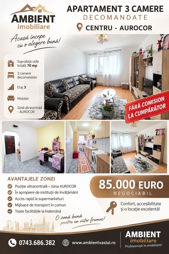 Apartament cu 3 camere, mobilat si utilat, etaj 3, VASLUI zona CENTRU; - Poză 1
