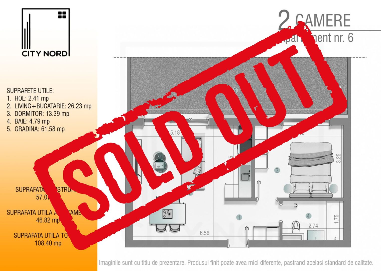Apartament 6 – 2 camere – 46.8 mp – Grădină – Parter - Poză 1