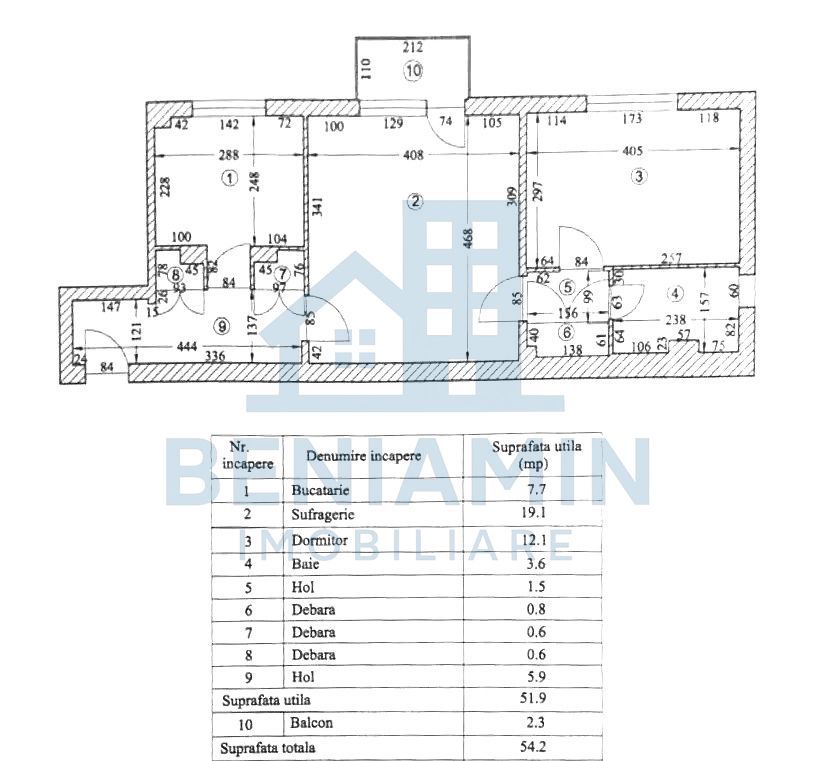 Apartament doua camere spatios Rovine etaj 1 cu centrala 54mp 1978 - Schiță 8