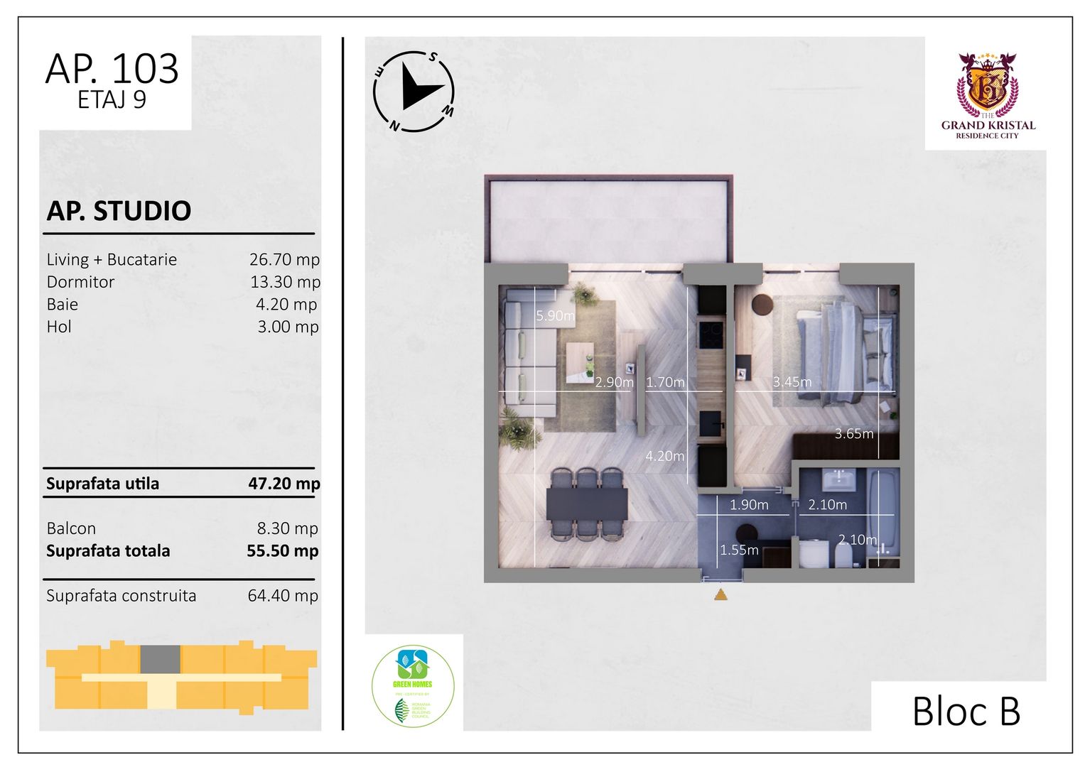 Nou! Apartament modern cu 2 camere si balcon, zona Bd.Metalurgiei - Schiță 5