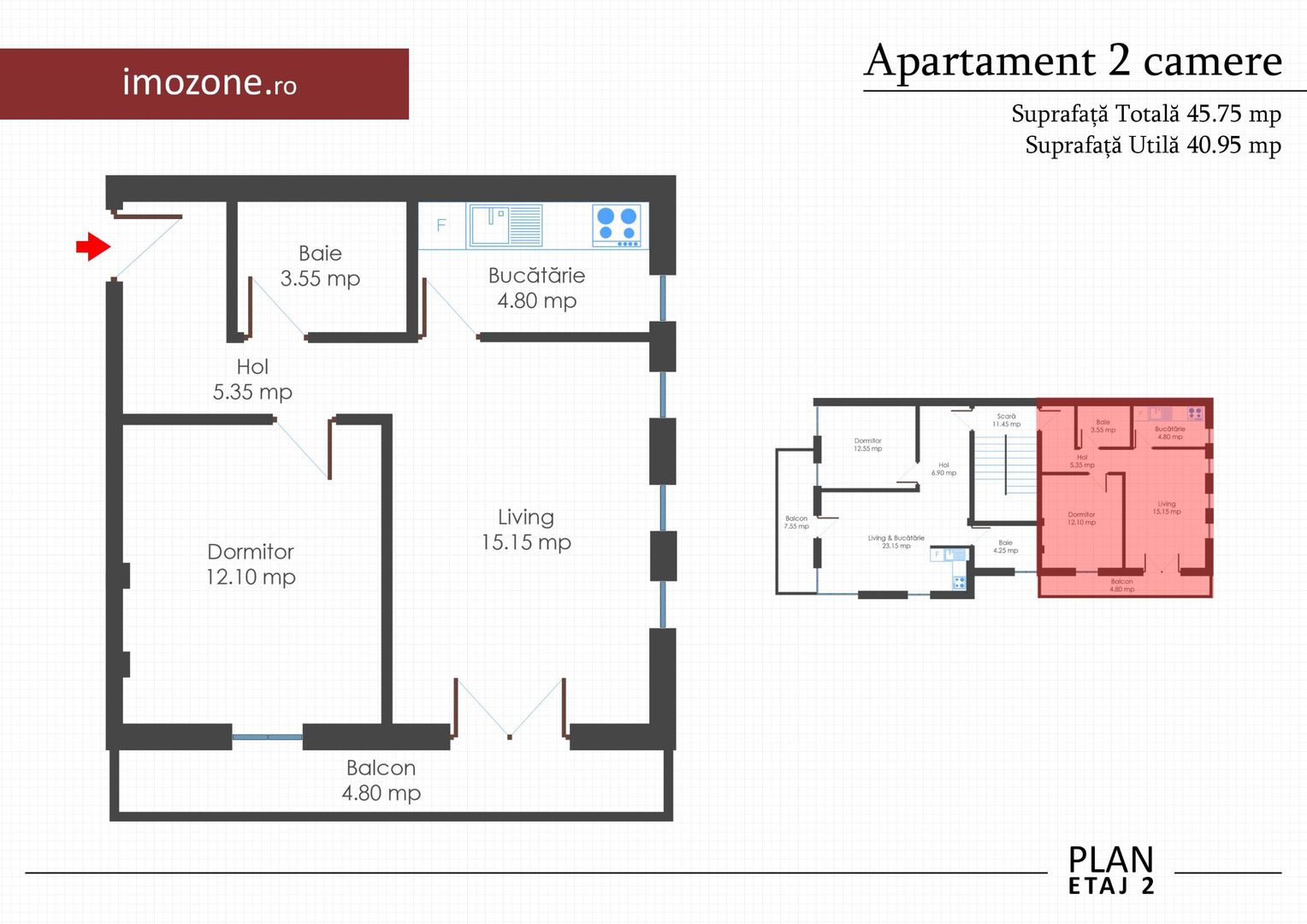 Apartament 2 camere, bloc nou, finisat la cheie, centrala termica individuala - Schiță 7