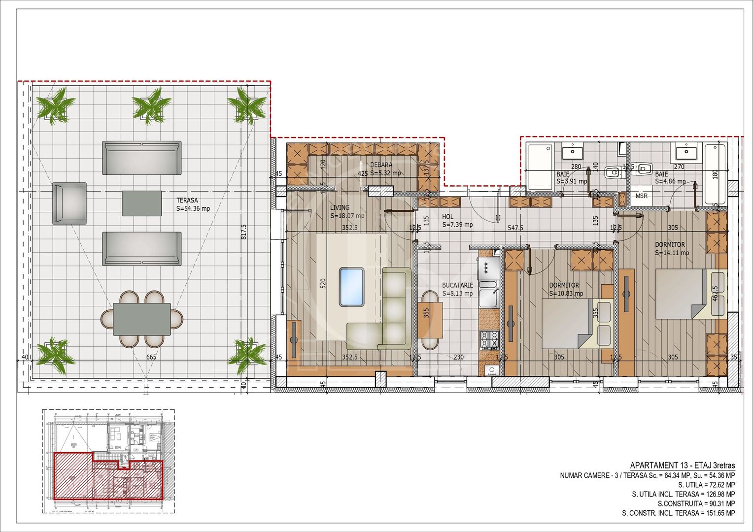 Apartament 3 camere decomandate cu Terasa Comision 0 - Schiță 14