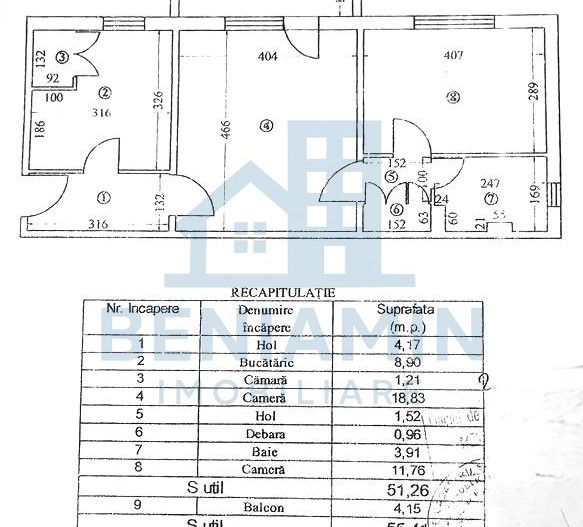 Apartament cu 2 camere la parter cu balcon - Brazda lui Novac 55mp - Schiță 9