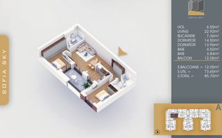 3 camere Bloc Finalizat Incalzire in pardoseala 7 min Metrou - Schiță 3