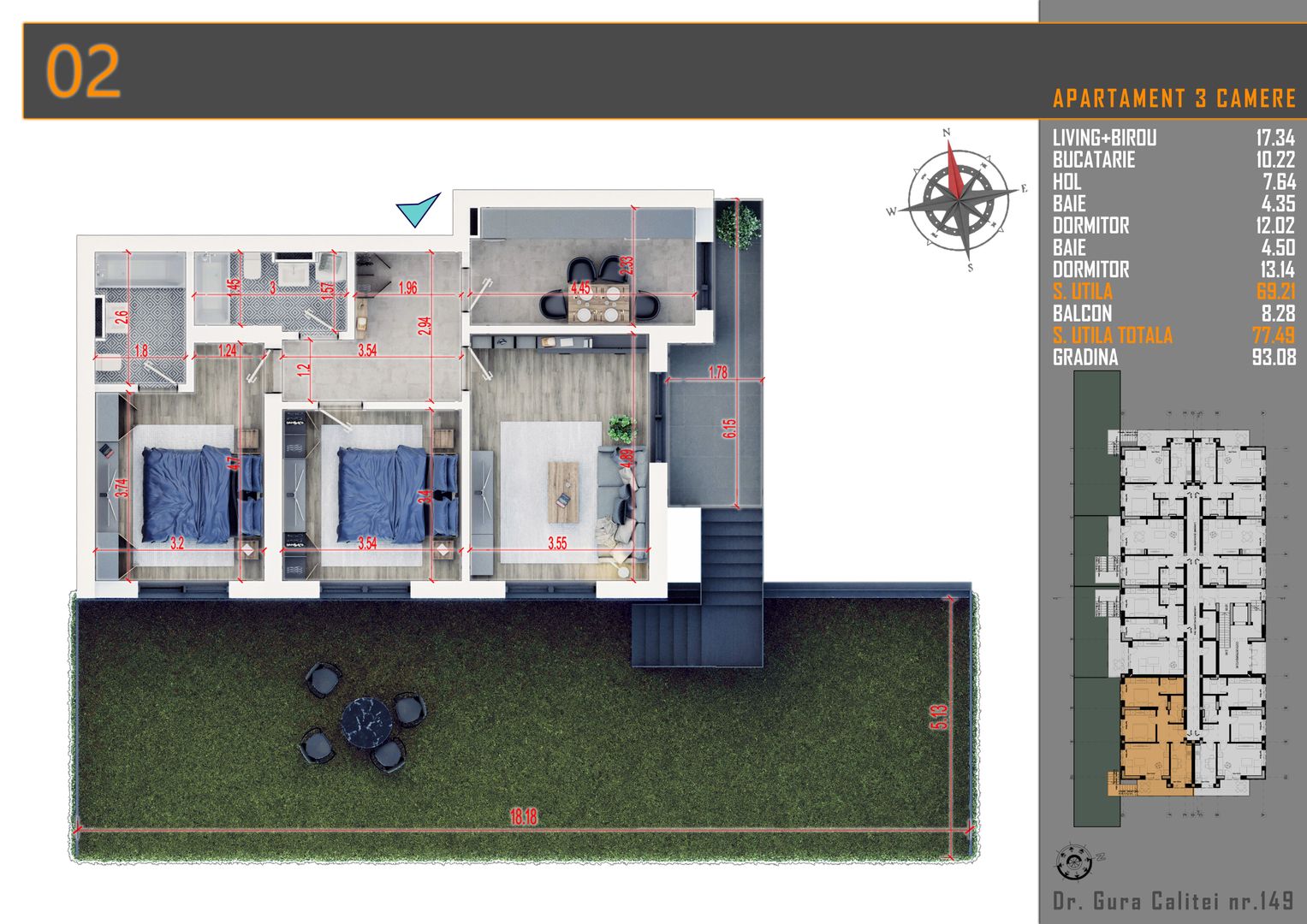 3 camere cu gradina- parcare bonus -  Pallady -  comision 0% - Schiță 7