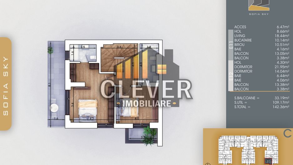 Duplex 4 camere | 109 mp | 33 mp balcoane | Pallady | Comision 0% - Schiță 4