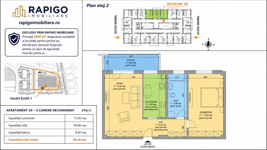 Apartamentul nr. 20 | 2 camere decomandat | Etaj 2 | Terasă 8,60 mp | - Poză 1