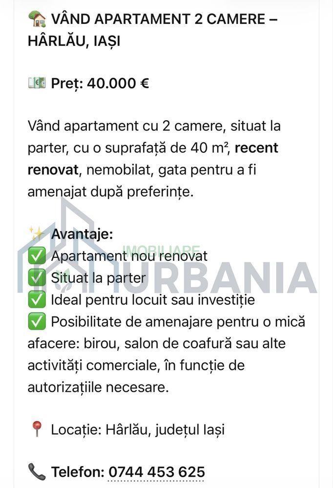 Apartament nou renovat, 2 camere, parter, Hârlău - 40.000 EUR - Poză 1