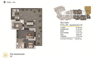 2 camere cu terasa enorma Titan-Pallady Parcare Gratuita - Schiță 2