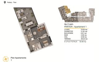 2 camere cu terasa generoasa Titan-Pallady Parcare Gratuita - Schiță 2