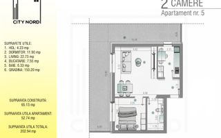 Apartament 5 – 2 camere – 52.7 mp – Grădină – Parter - Poză 1