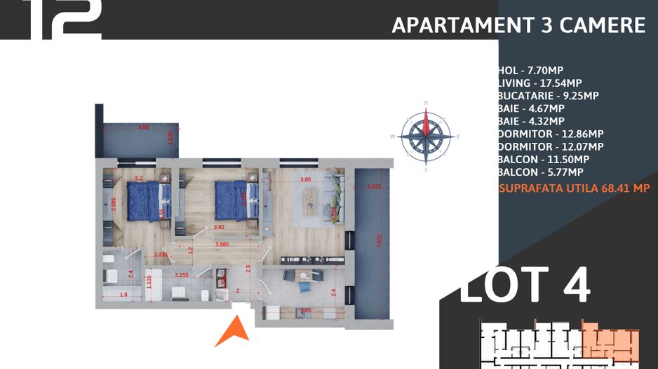 3 camere parcare gratuita decomandat incalzire pardoseala - Schiță 8