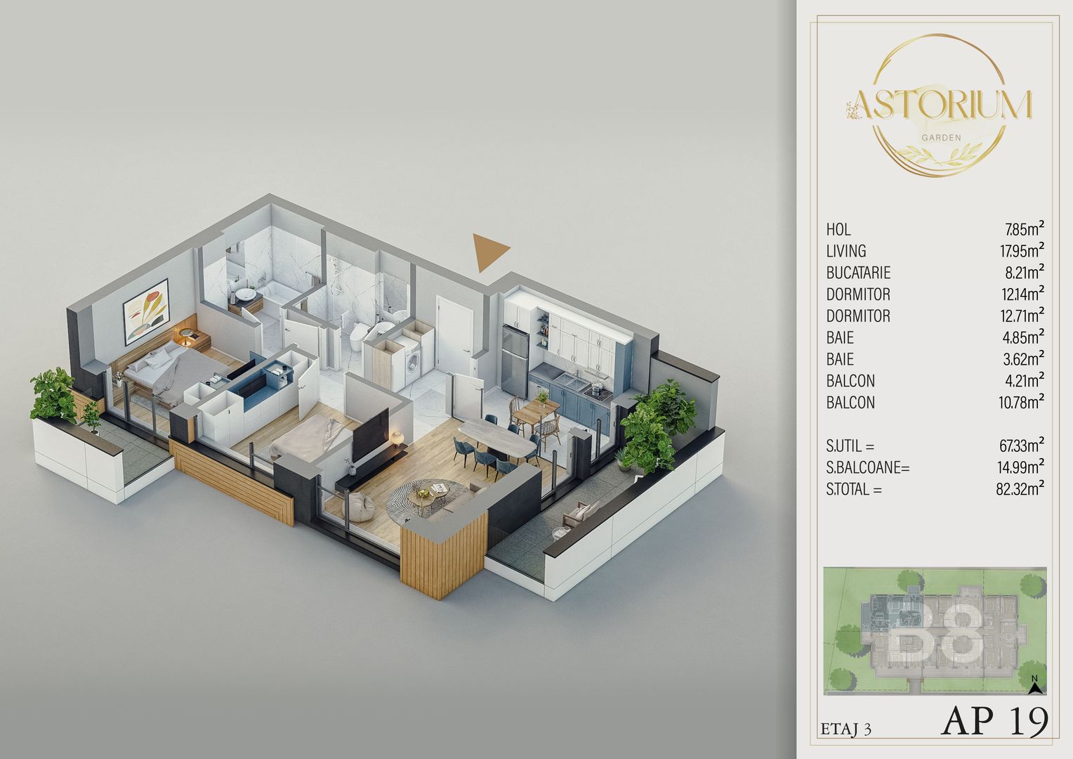 3 camere finisat in complex de lux cu piscina exterioara Titan Pallady - Schiță 2