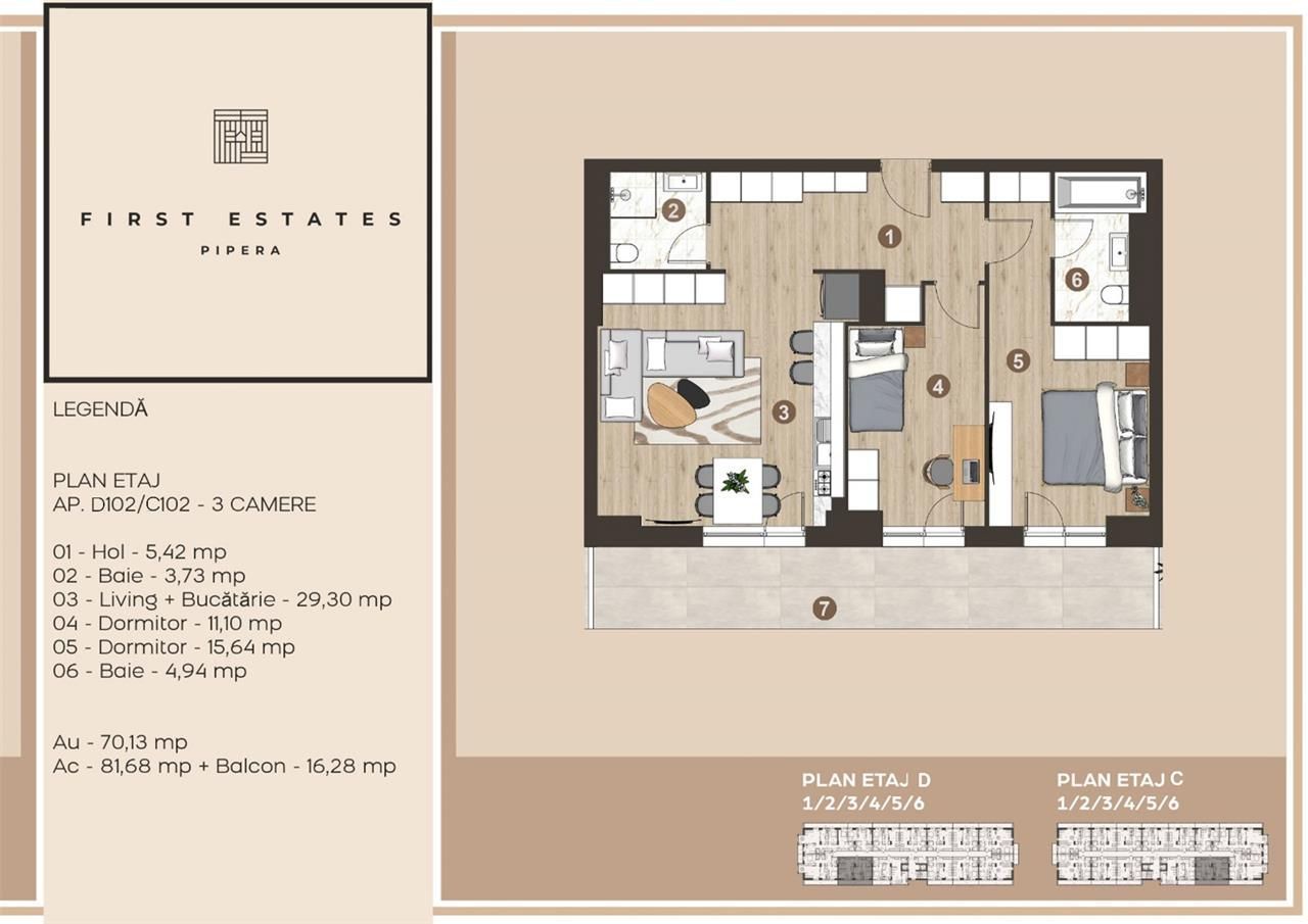 Apartament 3 camere | Pipera First Estates | Mobilat - Schiță 6